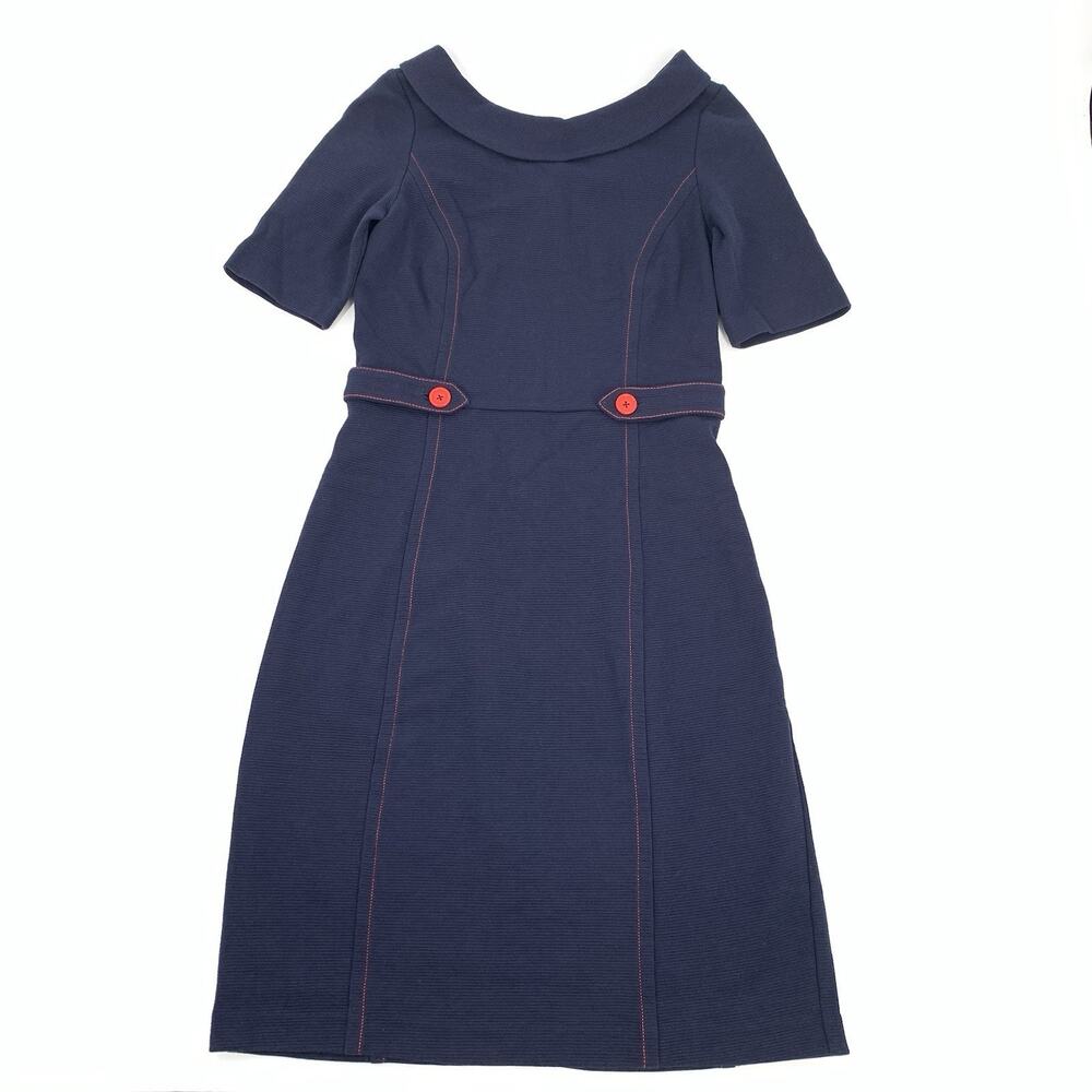 Boden Betty Ottoman Dress 4 Womens Dark Navy Blue with Red Buttons Classic S